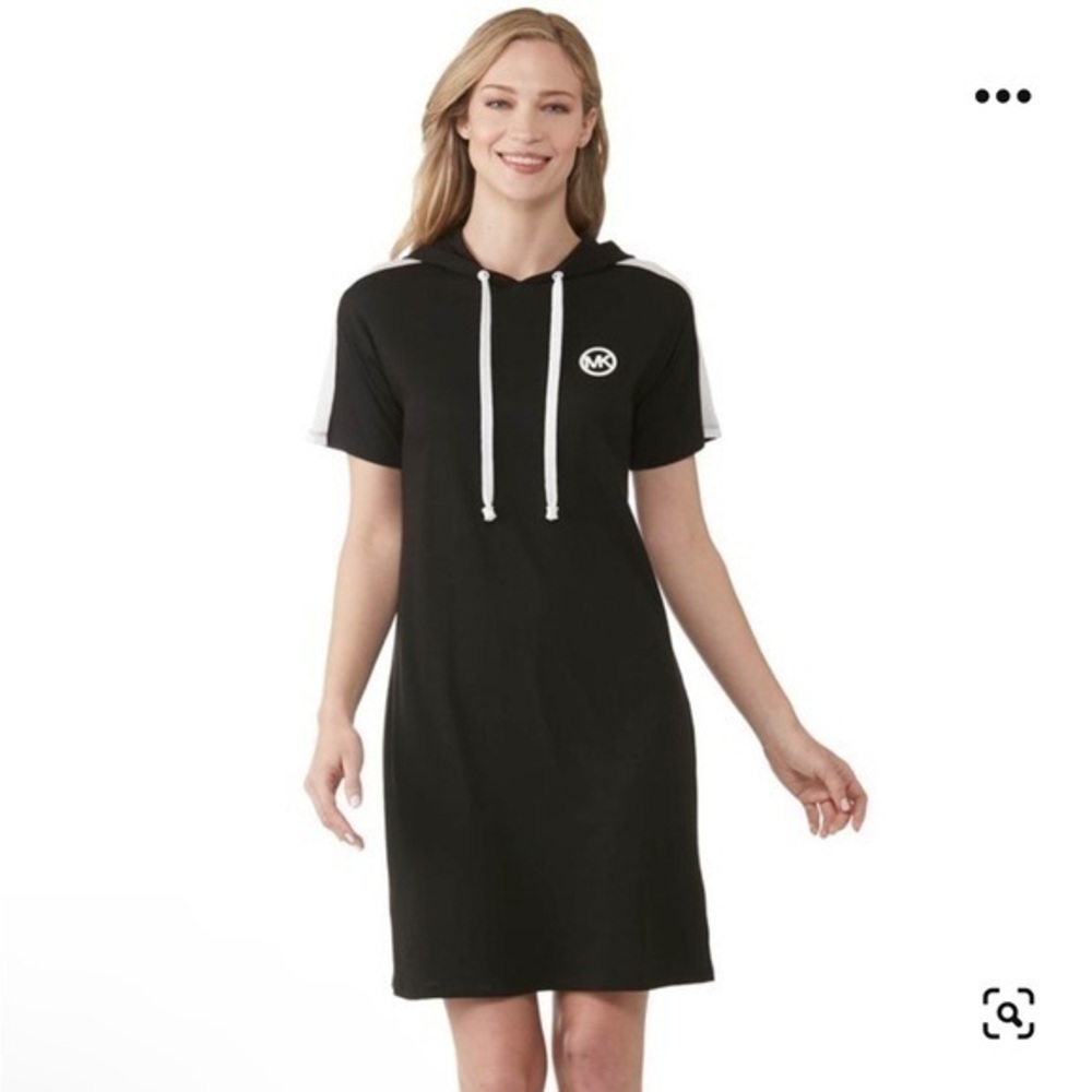 Michael Kors Black Hooded white striped short sleeve mini dress